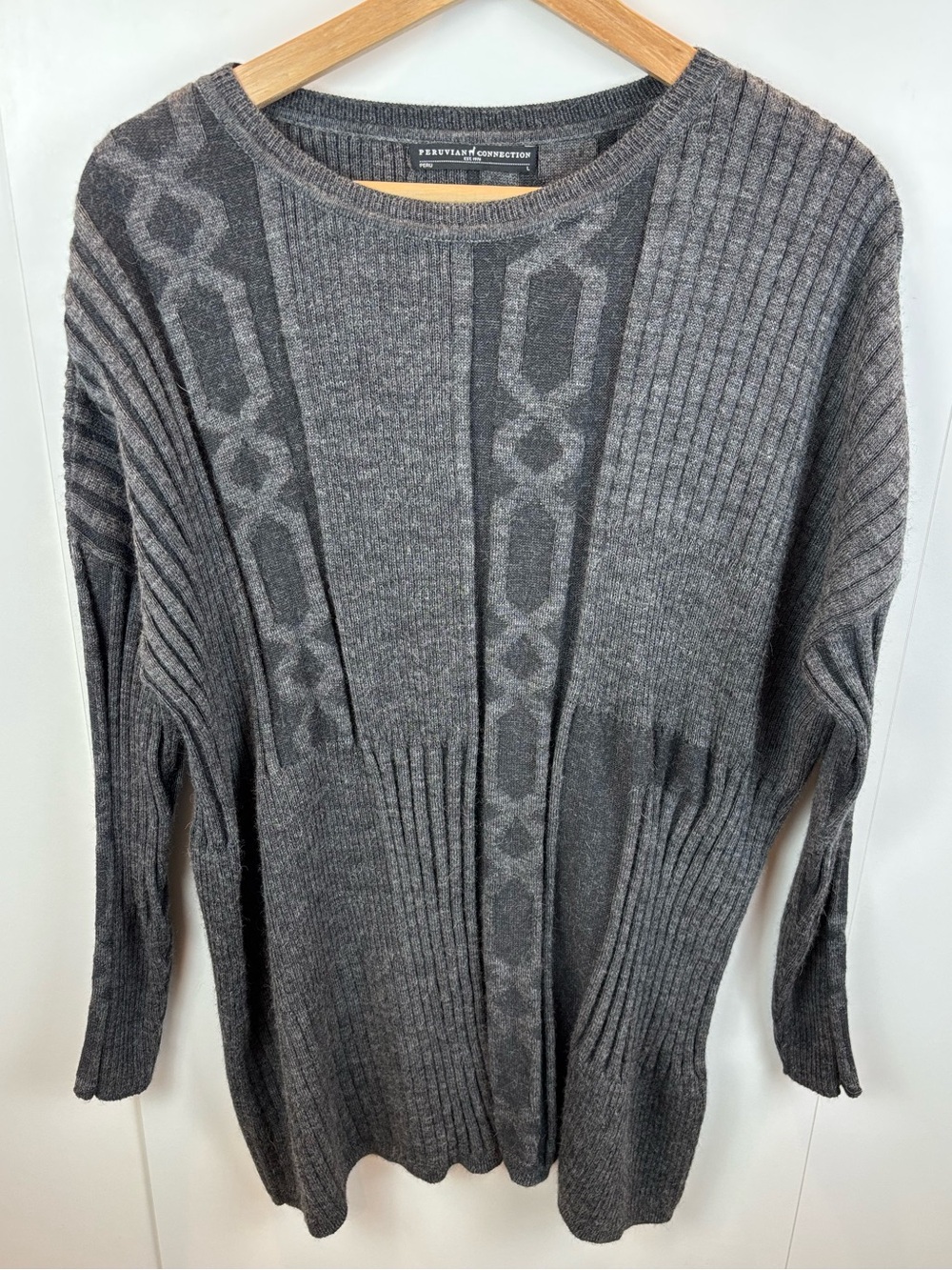 Peruvian Connection Alpaca Cotton Charcoal Grey Ribbed Long Sweater Women's L
